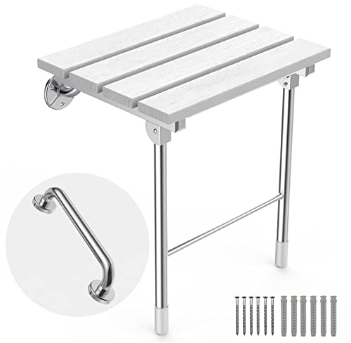 Folding Shower Seat Wall Mounted, Foldable Wall Wood Shower Chair Bench for Seniors, Bathroom Safety Shower Stool for Small Shower(Modern White)