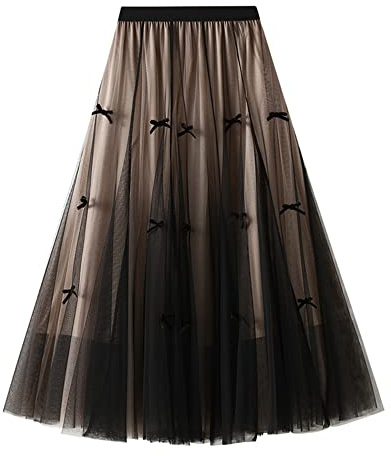 Dirholl Women's A-Line Fairy Patterned Elastic Waist Ruffle Tulle Layered Midi Skirt Bowknot B Khaki