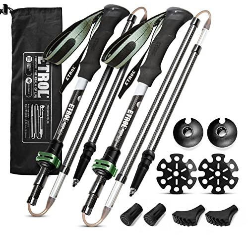 ETROL Carbon ultra lätta vandringspinnar, justerbara teleskopiska trekkingstavar, promenadstavar för backpacking med Quick Flip Lock, EVA-handtag, 4 par gummibuffrar och 2 bärväskor