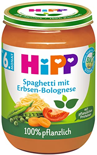 HiPP Bio Spaghetti mit Erbsen-Bolognese (6 x 190g), ab 5./ ab 6. Monat, 100% pflanzlich, in bester Bio-Qualität