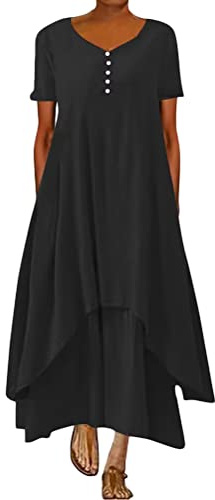 ORANDESIGNE Abito Lungo Donna Cotone e Lino Caftano Boho Abito Ampio Casual Moda Manica Lunga Scollo a V Abiti Lunghi Vestito Estivo Taglie Forti Eleganti Vestiti 2 in 1 Maxi Abito B Nero XL