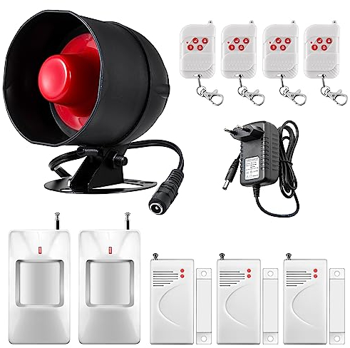 Alarmanlage Haus 11 Teiliges Set, Wohnung und Garage, 115 dB Sirene wetterfeste Sirene für den Innen und Außenbereich mit Fernbedienung und Türkontaktsensor, mit Bewegungssensor