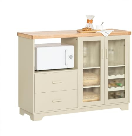 SoBuy Aparador de Cocina con Estante para Microondas y Botellero Mueble Auxiliar de Cocina 120 cm con 2 Cajones y Puertas de Vidrio - Almacenaje Moderno para Comedor y Salon Beige 120x90x40cm FSB81-MI