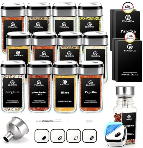 SIAZIH 360° Rotation Gewürzgläser Eckig Set | Drei Kaliber, frei einstellbar | 12 Gewürzdosen Mit Gewürzetiketten | Perfekte Organisation Küche Gewürz Organizer | 120ml Gewürzbehälter Glas