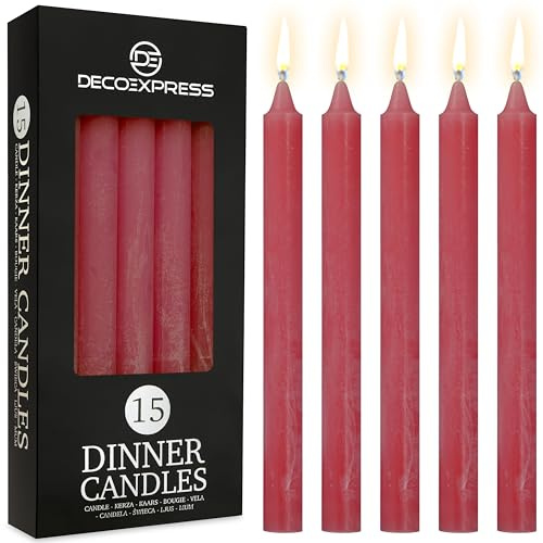 DECO EXPRESS Candele Coniche Set da 15 Candele Rustiche Fatte a Mano Candela Natalizia Durata di Combustione di 9 Ore Senza Profumo (Rosso - Confezione da 15)