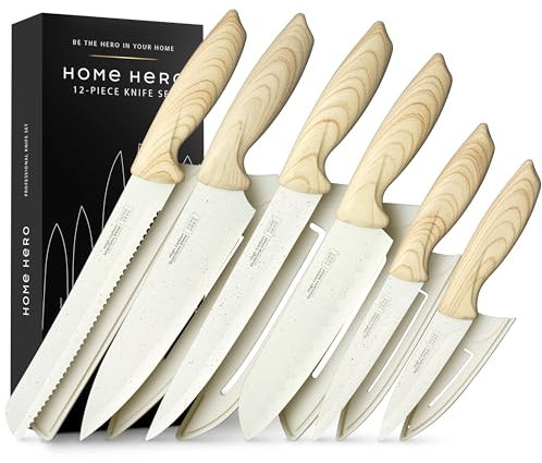 Home Hero Set di coltelli da cucina con affilacoltelli - Ceppo coltelli in acciaio inossidabile ad alto tenore di carbonio con manici ergonomici (12 pezzi - Crema)