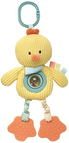 Plush 10 inch Plush Activity Toy with Teethers, Crinkle, Spinner and Travel Hook, Yellow Chick