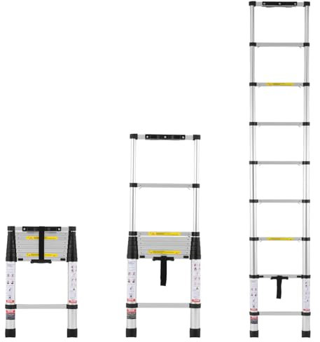 VEVOR Escalera Telescópica, Escalera Extensible Liviana Plegable de Aluminio con Retracción de un Botón, Capacidad de 170 kg con Pies Antideslizantes, para el Hogar, RV, Loft, 457 x 83 x 705 mm