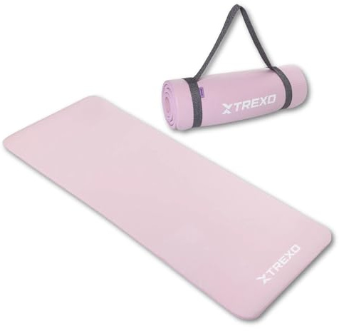 TREXO Tapis d'Exercice en NBR Couleur Rose Clair 183 x 61 cm Matériau Exceptionnellement Durable et Flexible 15 mm d'Épaisseur avec Structure Antidérapante dans l'Ensemble avec Sangle pour Porter