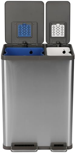 Simpli-Magic 16 Gallon (38L x 22L) Dual Compartment Step Trash Can – Kitchen Garbage Can with Waste & Recycling Bins – Slow-Close Lid, Odor Control, Hands-Free, Easy to Clean, Brushed Stainless Steel