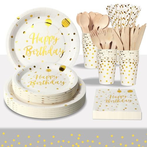 PYAILI Compleanno Stoviglie Oro Bianco 193 Pezzi Set Include Piatti, Tovaglioli, Tazze di Carta, Adatto a Tutti i tipi di Feste a Tema -24 Ospiti