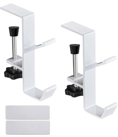 LEEQBCR Lot de 2 supports de sac à main, support réglable pour table, crochet de sac multifonctionnel, support de casque pour bureau, bureau d'étude, bureau d'ordinateur d'occasion, blanc