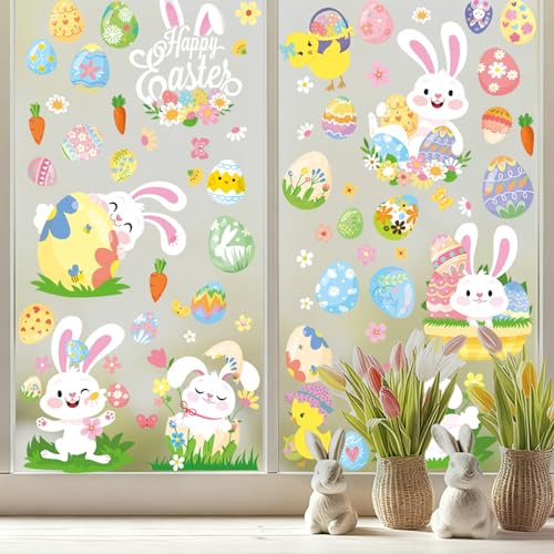 RhiVrillion 9 immagini pasquali per finestre, riutilizzabili, autoadesive, con conigli, uova e pulcini, decorazione per finestre per cameretta dei bambini, per Pasqua