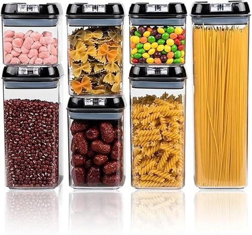 7pc Clear Airtight Food Storage Container Set with 10 Labels & 1 Marker - Kitchen & Pantry Containers - Ideal for Flour, Cereal, Spaghetti, Pasta & more, Black