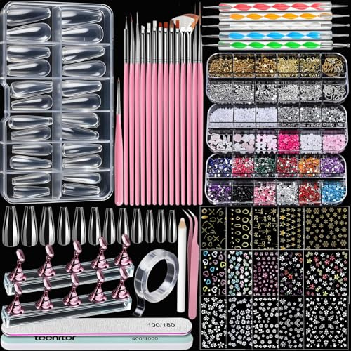 VelvetGlow Acrylic Nail Kit with Clear Coffin Nail Tips, Nail Charms and Gems, Nail Stickers, Nail Art Brushes, Nail Dotting Tools, Nail Stand, Press On Nails Kit for DIY Nail Art