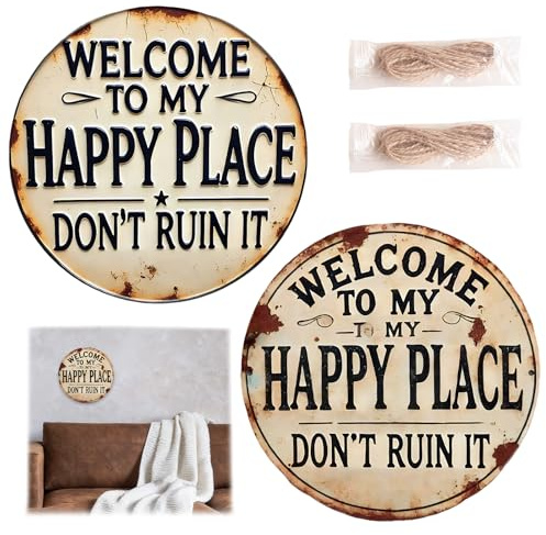 2Pcs Vintage Welcome Sign, My Happy Place Sign, for Patio Wall Decoration, Cafe, Bar, Comes with Twine, 8x8 Inch Round Aluminum Decorative Sign