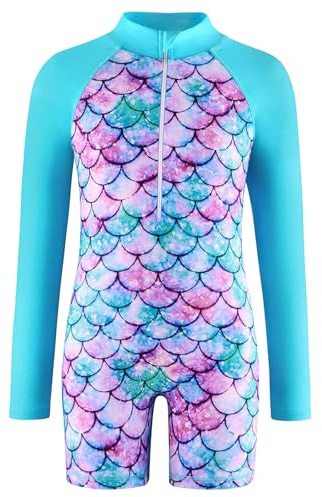 LXEASYGO Girls Swimming Costumes One-Piece Kids Long Sleeve Swimsuit Zipper Mermaid Swimwear for Girls 3-14 Years (UK, Age, 5 Years, 6 Years, Regular, Blue)