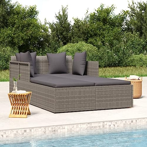 Xolmizyn Double Outdoor Sunbed, PE Rattan Lounge Bed for Patio, Poolside Daybed with Adjustable Backrest and Comfortable Cushions, Grey