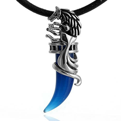 DonDon Collier en Cuir pour Homme 50 cm avec Pendentif en Acier Inoxydable Loup dent Bleu