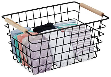 Relaxdays Trådkorg, trähandtag, fyrkantig, gallerdesign, kläder, accessoarer, metallkorg, HBT: 16 x 31 x 21 cm, v. Färger
