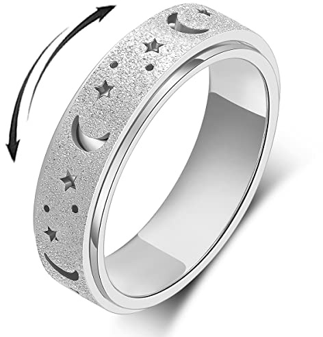 Anxiety Ring Fidget Spinner Band Ring for Women Men Adults Toy Ring Stainless Steel Moon Star Silver Size 11
