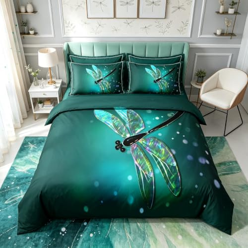 Homemissing Dragonfly Duvet Cover Set Ultra Soft Dragonfly Comforter Set for Kids Women Adults Teal Dragonfly Bedding Set Nature Home Quilted Set Turquoise King Size