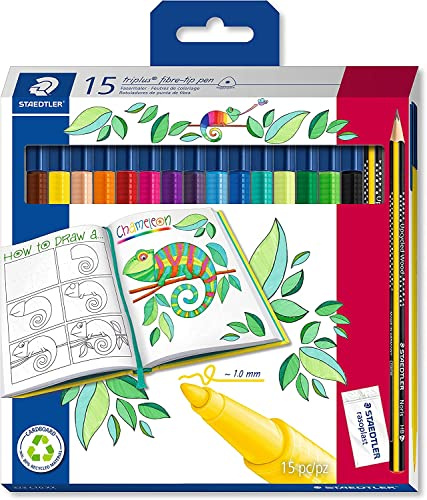 STAEDTLER Fiberpenna triplus, ergonomiskt trekantskaft, linjebredd 1,0 mm, lång livslängd, 15 fiberspetspennor, 1 Noris HB penna och rasoplastradergummi, 323 C15P