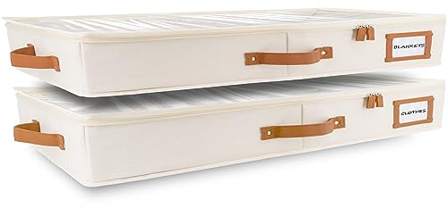 Homelux Theory 2pc Low Profile Under Bed Storage Containers, Thin Under Couch Storage Organizer with Bins & Lids, Underbed Storage Box Ideal for Seasonal Clothes, Blankets, Fabric & Shoes (Ivory)