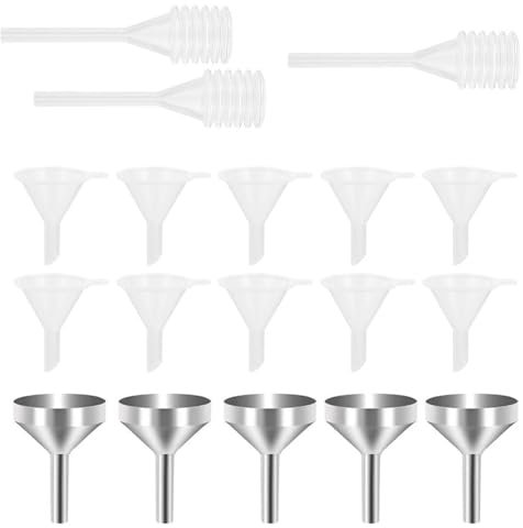 Norhogo Lot de 5 petits entonnoirs en métal - Lot de 10 mini entonnoirs en plastique - Avec 3 mini pipettes pour transvaser et remplir les liquides - Pour petits échantillons de parfum, émulsion,
