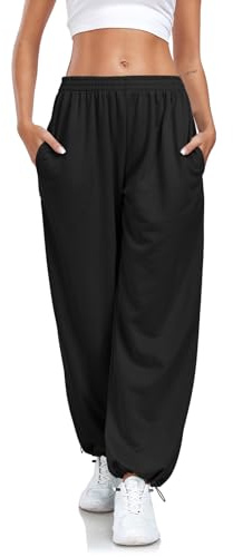 Enwokran Pantalon de Jogging Femme Noir L Ample avec Poches à Taille Haute élasticité Sudation Réglable Casual Pant Pantalon de Sport D'été à Jambes Larges