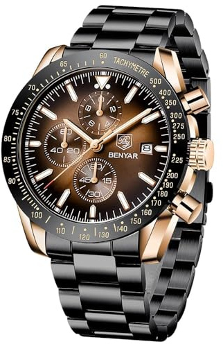 BENYAR by Montre Homme Chronographe Etanche Lumineuses Date Montres Bracelet en Acier Inoxydable Grand Cadran Classique Mode Affaires Analogique Quartz Montres Cadeau élégant pour Hommes