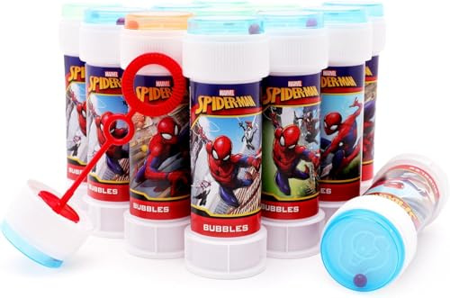 Toyland® Confezione da 12 Spiderman Bolle con Bacchette, Soluzione da 60ml e Coperchio Labirinto Originale - Giocattoli per Soldi da Tasca e Sacchetti