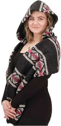 Kunst und Magie Damen Kapuzenschal Loop Schal Hoodie Schalmütze Poncho aus Wolle gestrickt