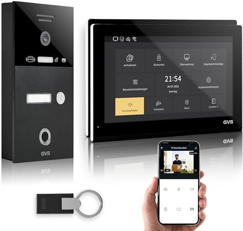 GVS - IP Video Türsprechanlage mit Türöffner, Fingerprint & RFID, HD Kamera, 2X 10 Zoll Monitor & App - Smarte Video Türklingel mit Kamera & Gegensprechanlage für 1 Familienhaus (AVS5546A)