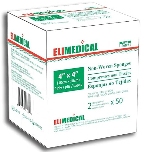 ELIMEDICAL 100 compresse in tessuto non tessuto, sterili, garza per la cura delle ferite, idroterapia, cura delle ferite del viso e trattamento di emergenza (10 x 10 cm) - 4ply)