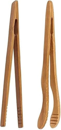 2Pcs 6.7 Inch Bamboo Toast Tongs, Small Natural Wood Toaster Tongs, Mini Wooden Tea Tweezer Bacon Tea Clip Food For Cooking (1 Straight & 1 Bent)