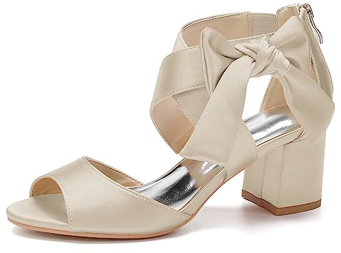 HFWXYSA Sandalias con Tira al Tobillo en Bloque Zapatos de Tacón Ancho para Mujer Punta Abierta Sandalias de Boda para Fiesta,Champagne,35 EU