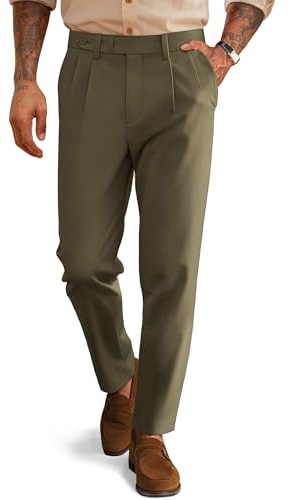 Men's Dress Pants Dressy Tapered Vintage Casual Pleated Trousers Comfort Extended Waist Slant Pockets Olive Green L