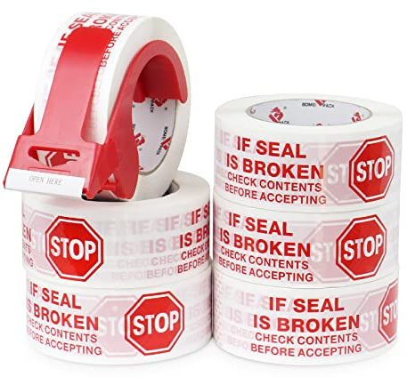 BOMEI PACK Ruban d’emballage sécurité 100m x 50mm–6 rouleaux avec dévidoir | Impression “IF SEAL IS BROKEN CHECK CONTENTS BEFORE ACCEPTING” | Adhésif fort pour colis, entrepôt, e-commerce