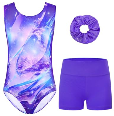 Tziharora Girls Leotards for Gymnastics Size 7-8 Years Old Blue Nebula Sleeveless Ballet Dance Bodysuits with Shorts