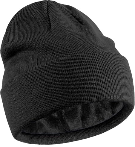 Fleece Lined Wool Beanie for Men Women, Knit Winter Hats Warm Cuffed Stocking Skull Cap Fashion Slouchy Beanies, Black