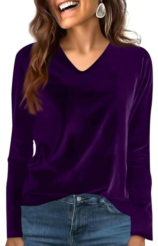 Tee Shirt MancheLongue Femme Velours pour Femme - Col en V - Haut Hiver ver à Manches Longues Top