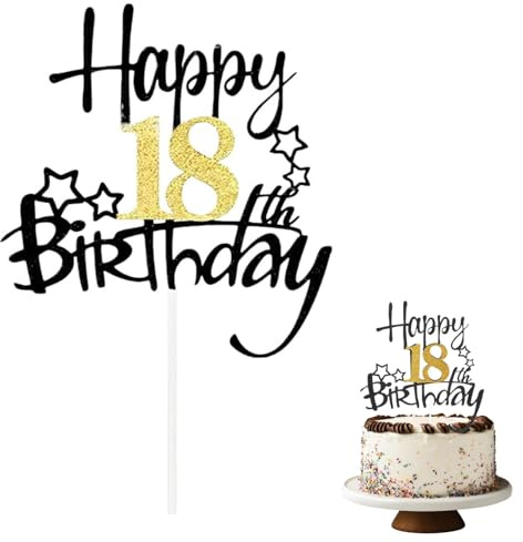 Happy 18th Birthday Decorazione per torta Cake, decorazione per torta di compleanno con stelle dorate e nere, decorazione per torta per ragazzi e ragazze di 18 anni, decorazione per 18 anni