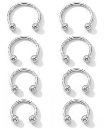 Yolev 8 pcs Septum Piercing Jewellery Silver Septum Ring 16g Horseshoe Ring | Horseshoe Nose Ring Stainless Steel Lip Tragus Hoop Body Jewellery 6/8/10/12mm