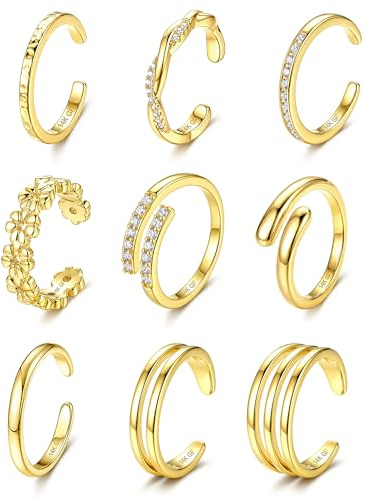 9 Pcs Bagues d'Orteil pour Femmes Bague de Pied Rempli d'Or 14K Bague à Bout Ouvert Réglables Mignon Anneaux d'Orteil CZ Fleur Bagues de Pouce Ensemble Bijoux de Pied Été Plage Vacances Argent Or