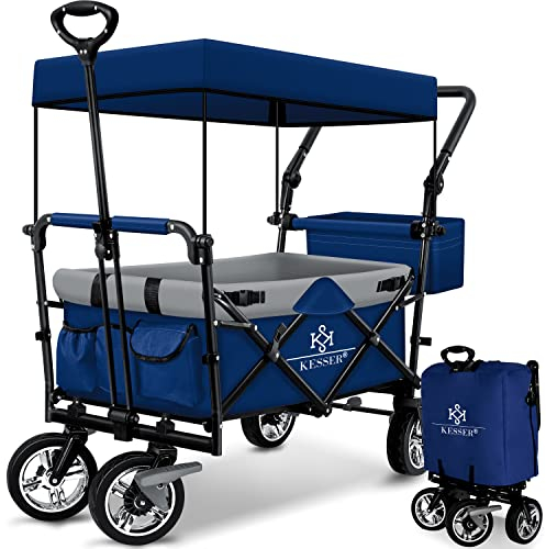 KESSER® Carrito Plegable GT9000 Carro con Techo | Incluye 2X Sistema de Cinturones de 3 Puntos | Neumáticos de Goma Maciza | hasta 80 kg | Freno Delantero y Trasero | + Bolsa de Transporte, Azul Gris