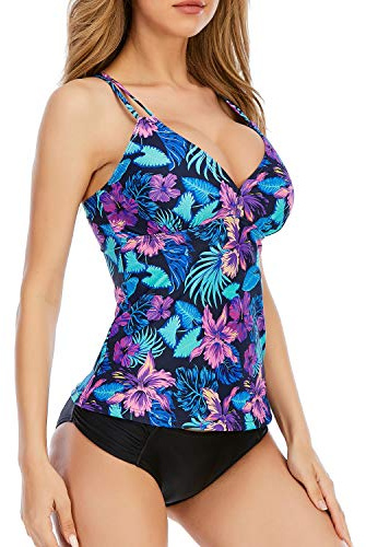 Women's Tankini Sets Two Piece Swimming Costume with Criss Cross Back Tankini Top and Bikini Bottom