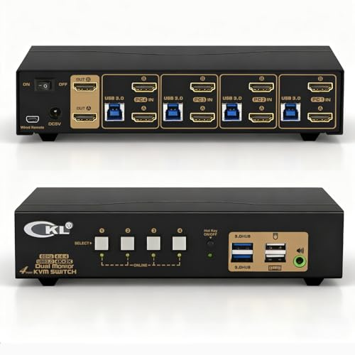 CKL KVM Switch Dual Monitor HDMI 4K@60Hz (2 Monitors 4 Computers 942HUA-3) for Home and Office to Console Desktops/Laptops, Support USB 3.0, Hot Key, Audio, Wireless Keyboard and Mouse