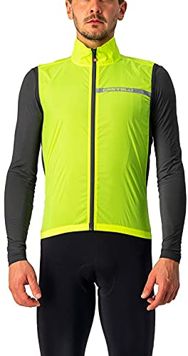 CASTELLI Men's Squadra Stretch Vest, Windproof Full Lenth Zip Shell with High Collar for Road and Gravel Biking I Cycling - Yellow Fluo/Dark Gray - Medium