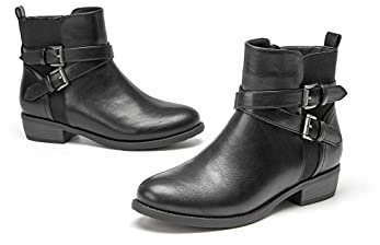 VJH confort Women's Ankle Boots,Round Toe Low Heel Comfort Elastic Booties with Side Zipper Buckle Strap (black,11)